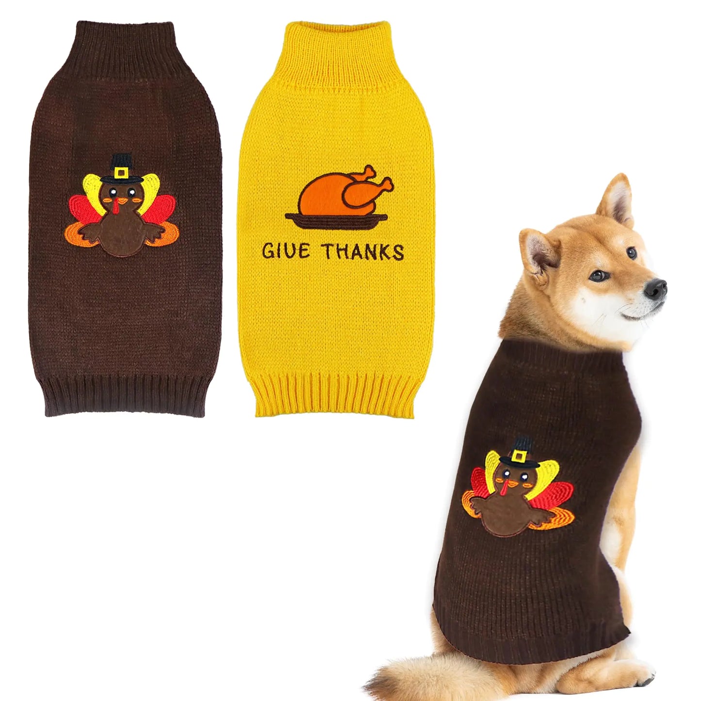 GOYOSWA 2 Pack Dog Thanksgiving Sweater Knitted Thanksgiving Fall Dog Sweater Thanksgiving Dog Outfit Clothes Holiday Dog Sweaters for Small Medium Large Dogs Pets (Dark Brown & Yellow X-Large)