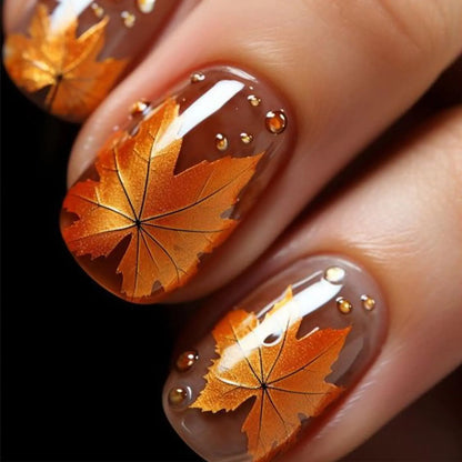Chrome Metal Maple Leaves Press on Nails Short Square Thanksgiving False Nails 24Pcs Glossy Red Maple Acrylic Fake Nails Gel Glue on Nails for Manicure Mirror Stick on Nails for Coquette Women Girls