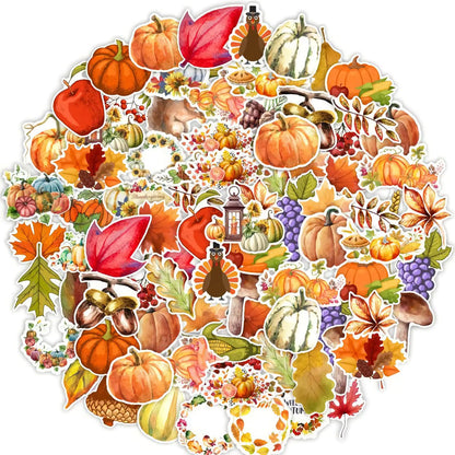 Fall Leaf Pumpkin Stickers 50Pcs Thanksgiving Autumn Maple Leaves Decal Stickers Waterproof Vinyl Stickers for Water Bottles Laptop Cup Computer Harvest Autumn Decals Party Supplies Classroom Decor