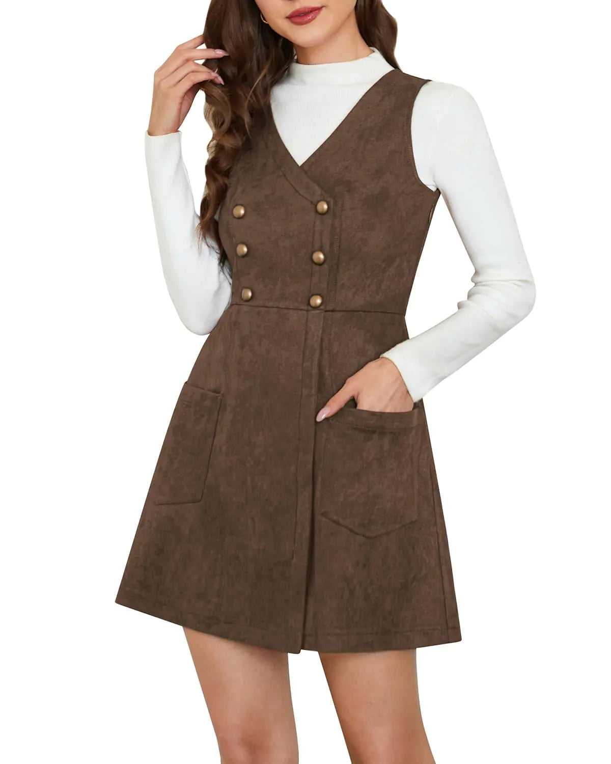 Belle Poque Vintage Suede Pinafore Dress V Neck Sleeveless Thanksgiving Outfit Women Overall Brown Dress Coffee L