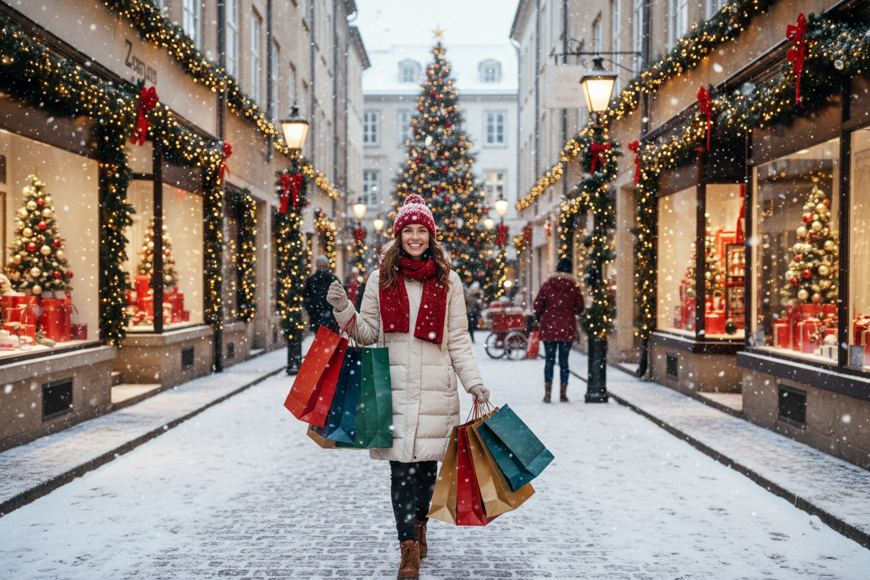 woman holiday shopping with bags on snowy christmas street